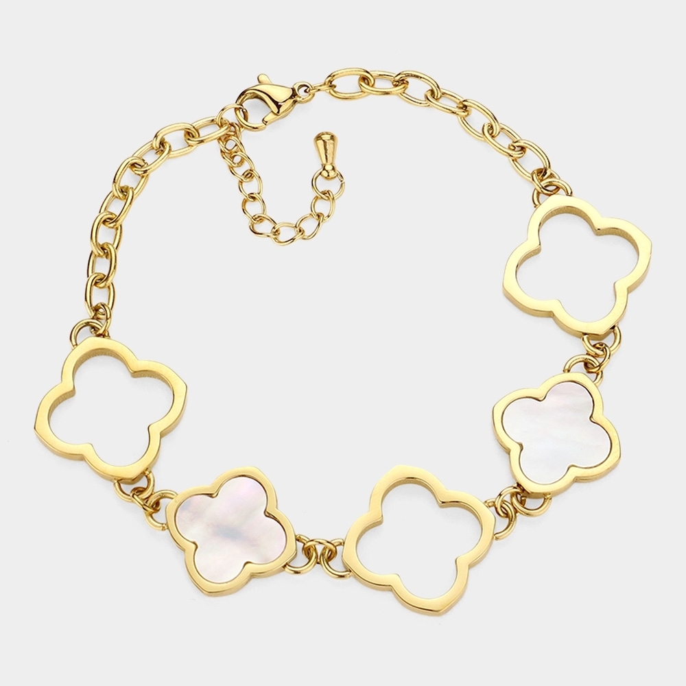 Mother of Pearl Gold Stainless Steel Clover Quatrefoil Charm Chain Link Bracelet